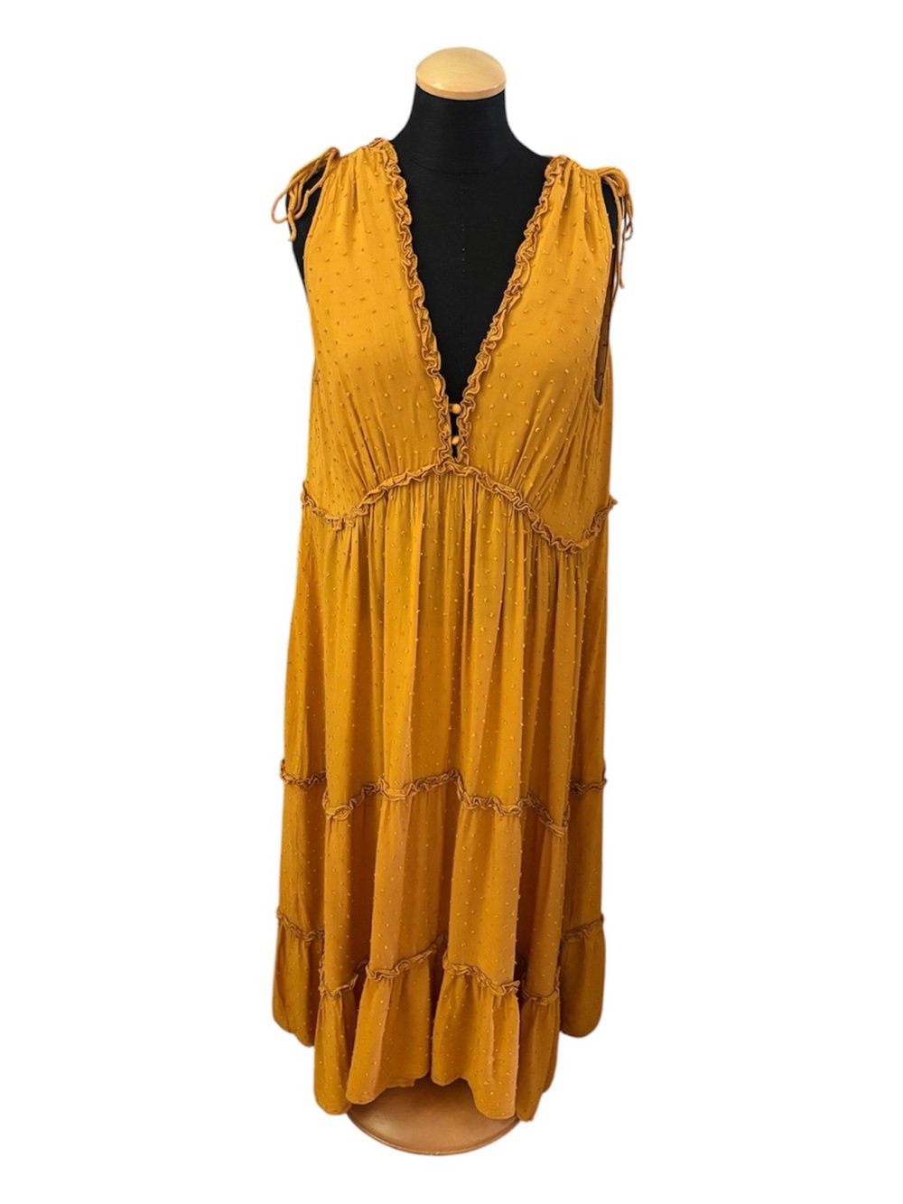 Auguste Swiss Dot Tiered Midi Dress Yellow Boho Cottagecore Babydoll Size US 6 - Picture 2 of 11